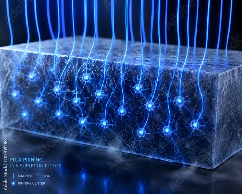 CGI render flux pinning effect visualizing magnetic field lines trapped superconducting material vibrant blue energy