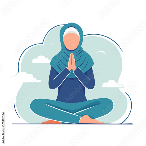 Woman in Hijab Meditating in Flat Design