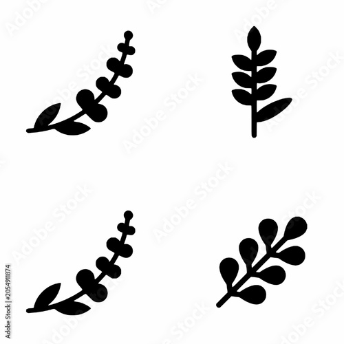 Leaf branch silhouette icon set vector. Minimalist black solid laurel wreath, twigs, and botanical foliage elements
