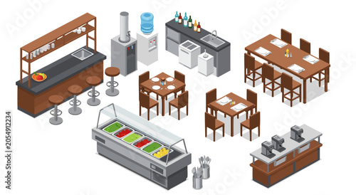 Isometric cafe and restaurant furniture vector illustration showing various tables chairs dining counters and professional kitchen equipment sets