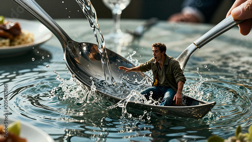 Tiny Man Riding a Giant Silver Spoon Through a Splash of Water on a Dining Table
