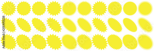 Obraz na płótnie A set of vibrant yellow starburst shapes and award badges on a black background, ideal for use in graphic design, decoration, and digital projects