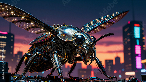Giant metallic robotic insect with intricate gears and glowing wings overlooks a vibrant cyberpunk cityscape at night