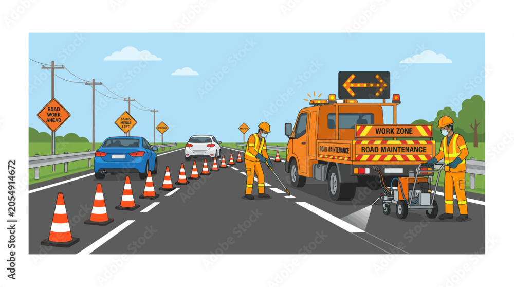 Fototapeta premium Road maintenance workers painting lines on highway near truck