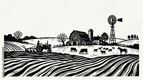 Cuadro en lienzo Rustic black and white linocut farm scene with farmer on tractor plowing soil, wooden barn, silo, windmill, and domestic animals grazing on rolling hills in a traditional block print style art