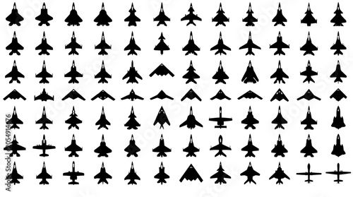 Foto Large collection of military aircraft silhouettes including fighter jets, stealth bombers, and drones isolated on white background for aviation design projects and air force themes