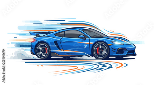 Foto Modern blue racing car speeding with motion blur and orange accents