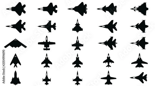 Quadro su tela Large Set of Military Aircraft Silhouettes Collection Featuring Fighter Jets, St