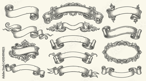 Bild auf Leinwand Decorative set of hand-drawn vintage ribbon banners, parchment scrolls, and ornate baroque frames with woodcut engraving style details for labels, wedding invitations, and certificates