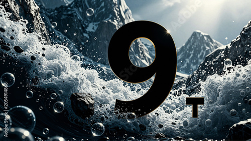 Dynamic numeral 9T emerging from a powerful icy mountain landscape with splashing water and ethereal bubbles