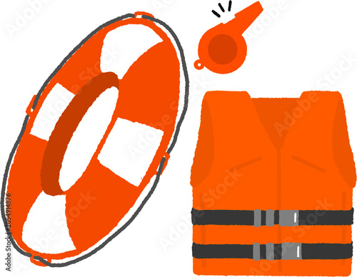 Fotografie Water Safety Equipment Hand Drawn Summer Illustration Set