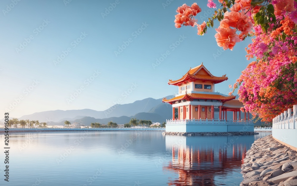 Obraz premium Serene Traditional Temple Surrounded by Blossoming Flowers and Water