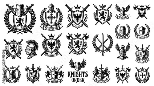 Vászonkép Comprehensive set of knightly heraldic symbols and coat of arms vector icons