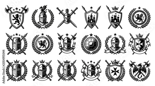 Canvas Print Large set of medieval heraldry emblems with knight helmets, shields, swords, axes, and royal symbols like crowns and wreaths, perfect for vintage logos, gaming assets, and historical design