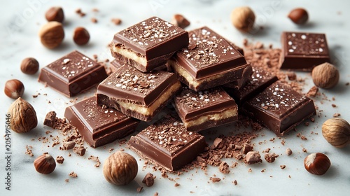 Chocolate Squares with Hazelnuts on Marble Surface