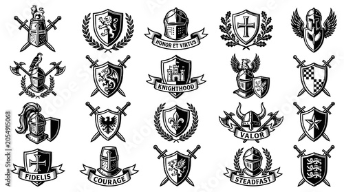 Fotografija Set of Medieval Heraldic Crests and Knight Emblems including Shields, Helmets, Crossed Swords, Mythical Creatures, and Courageous Motto Ribbons in Vintage Black and White Woodcut Illustration Style