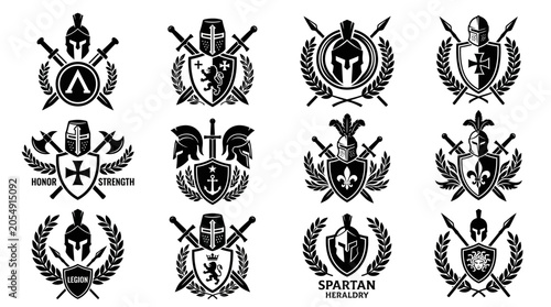 Schilderij op canvas Collection of twelve medieval and ancient heraldic emblems featuring knight and spartan helmets, shields, crossed swords, and laurel wreaths in black and white silhouette vector style for logo design