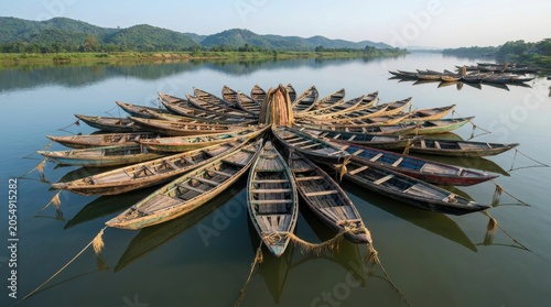A collection of traditional wooden fishing boats tied together in a symmetrical circular formation on a calm river, with misty green mountains and a clear sky in the background.