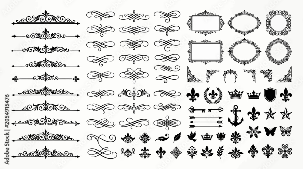 Αυτοκόλλητο Large collection of vintage ornamental design elements featuring calligraphic flourishes, decorative borders, frames, and classic symbols like fleur-de-lis and crowns for elegant graphic projects
