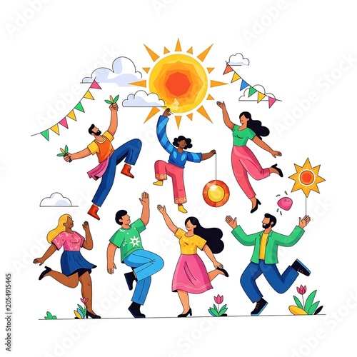 Diverse group of people celebrating summer outdoors with activities.