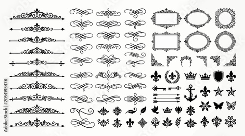 Fotografie Large collection of vintage ornamental design elements featuring calligraphic flourishes, decorative borders, frames, and classic symbols like fleur-de-lis and crowns for elegant graphic projects