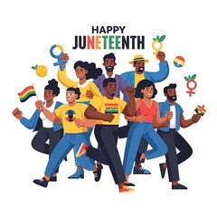 Diverse group of people celebrating Juneteenth with joy and unity.