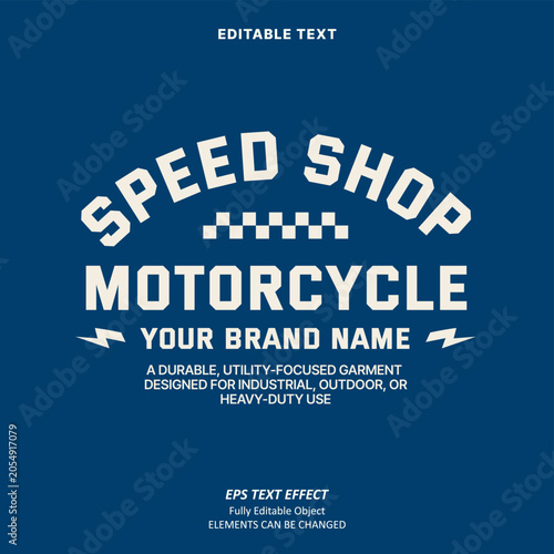 Editable Text Effect Vector of Navy white street wear speed shop motorcycle college style work shirt Uniform or denim jacket Design for Printing, garment, merchandise, apparel, small business