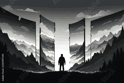 Fotografía Lone figure gazes at imposing gateway structures framing a majestic mountain range vista