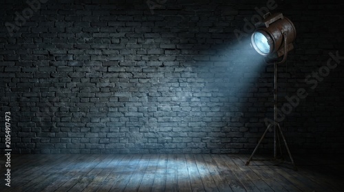 Vintage Movie Spotlight Illuminating Empty Stage Against Dark Brick Wall and Rustic Wooden Floor Backdrop