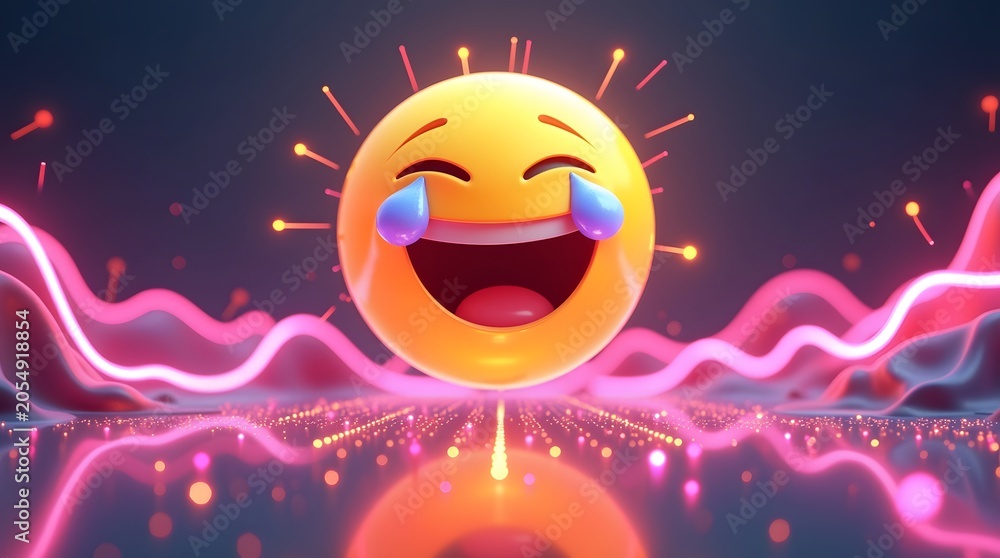 Fototapeta premium A vibrant laughing emoji surrounded by colorful neon lights and sparks