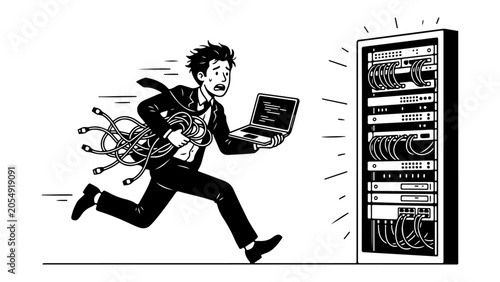 panicked IT technician racing with tangled cables and laptop toward server rack in data center, simple cartoon of a network admin in suite running with laptop to the rack