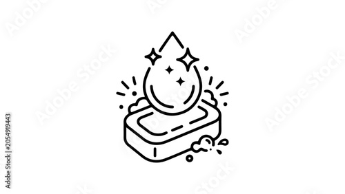 clean soap bar with water droplet and sparkles icon representing hygiene and freshness on white background