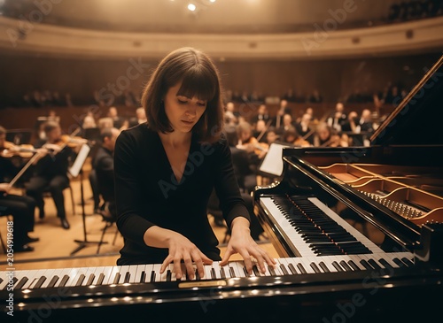 A focused female pianist performing a concerto on a grand piano in a concert hall with a blurred orchestra in the background