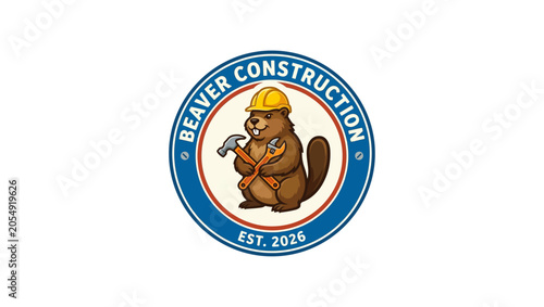 Tool Focus Beaver mascot with hammer and wrench close-up, construction tools focus, minimal vector logo, clean flat style, vector, illustration, face, funny, character, holding tools, helmet, circular