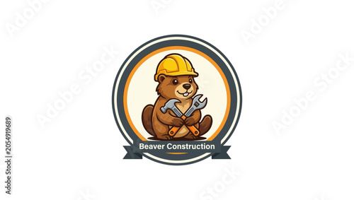 Tool Focus Beaver mascot with hammer and wrench close-up, construction tools focus, minimal vector logo, clean flat style, vector, illustration, face, funny, character, holding tools, helmet, circular