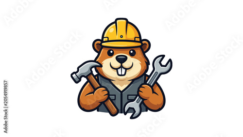 Tool Focus Beaver mascot with hammer and wrench close-up, construction tools focus, minimal vector logo, clean flat style, vector, illustration, face, funny, character, holding tools, helmet, circular