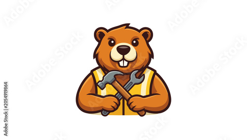 Tool Focus Beaver mascot with hammer and wrench close-up, construction tools focus, minimal vector logo, clean flat style, vector, illustration, face, funny, character, holding tools, helmet, circular