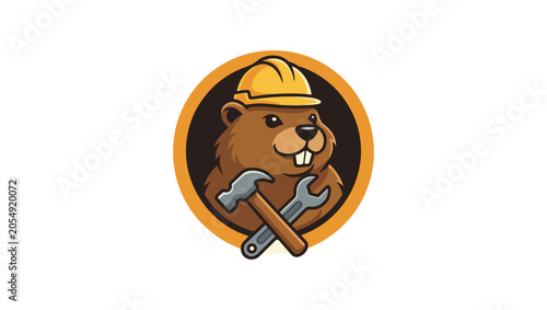 Tool Focus Beaver mascot with hammer and wrench close-up, construction tools focus, minimal vector logo, clean flat style, vector, illustration, face, funny, character, holding tools, helmet, circular