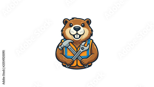 Tool Focus Beaver mascot with hammer and wrench close-up, construction tools focus, minimal vector logo, clean flat style, vector, illustration, face, funny, character, holding tools, helmet, circular