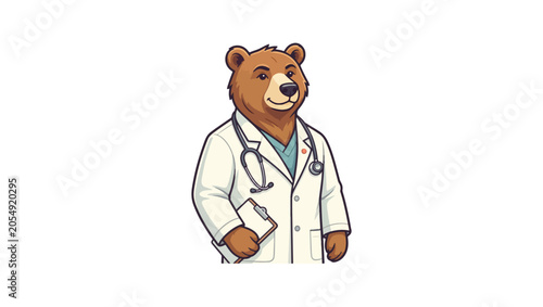 Professional bear doctor mascot logo, confident expression, medical coat, stethoscope around neck, modern healthcare branding, premium vector logo design, clean lines, flat style, isolated on white ba