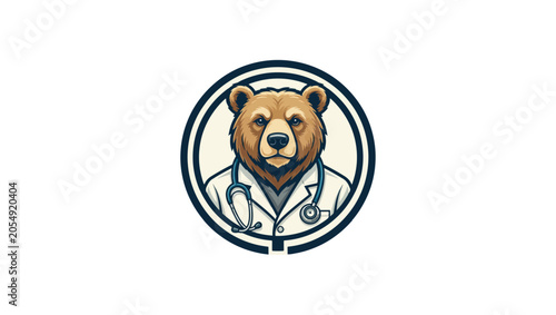 Premium doctor bear mascot logo, elegant medical branding, confident bear face, stethoscope details, high-end vector logo design, clean and modern style, bear, animal, teddy, cartoon, toy, vector, ill