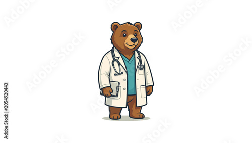 Professional bear doctor mascot logo, confident expression, medical coat, stethoscope around neck, modern healthcare branding, premium vector logo design, clean lines, flat style, white background
