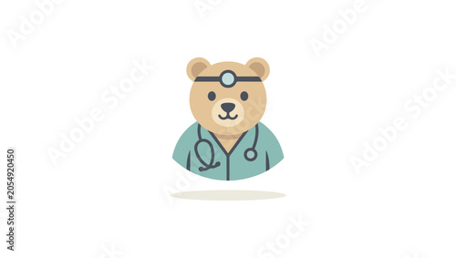 Minimalist doctor bear mascot logo, simple geometric shapes, friendly healthcare character, clean vector artwork, modern branding style, flat colors, isolated background, bear, teddy, cartoon, animal,