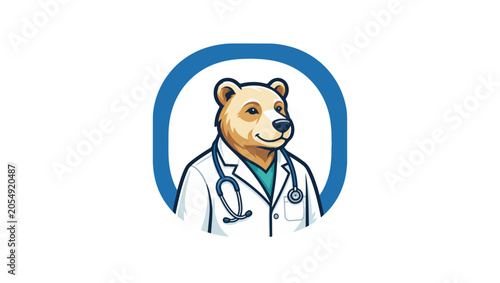 Professional bear doctor mascot logo, confident expression, medical coat, stethoscope around neck, modern healthcare branding, premium vector logo design, clean lines, flat style, isolated on white ba