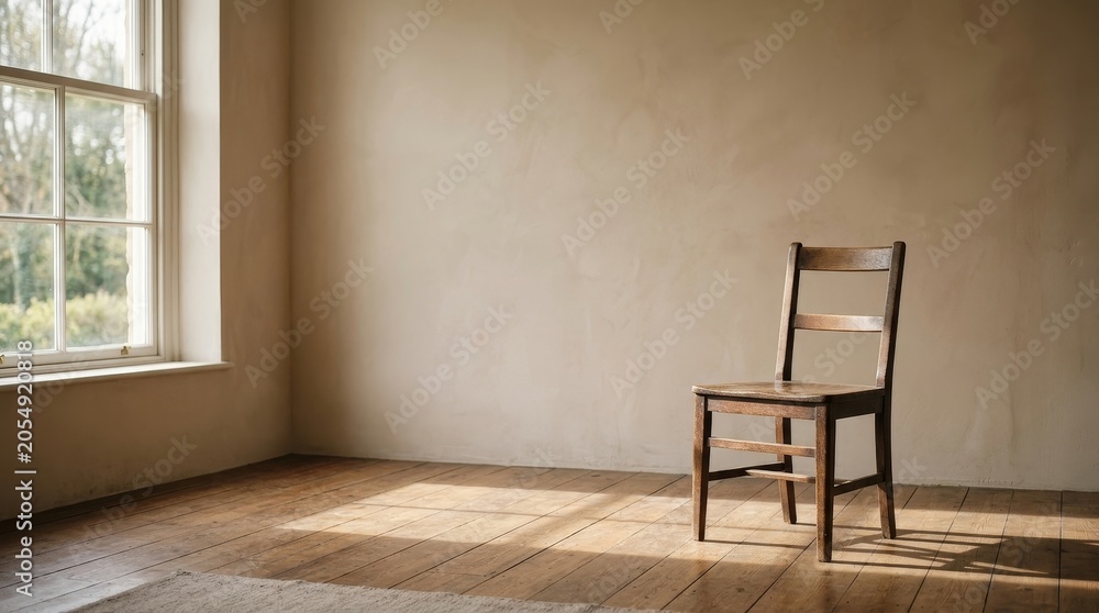 Fototapeta premium empty room with single wooden chair.