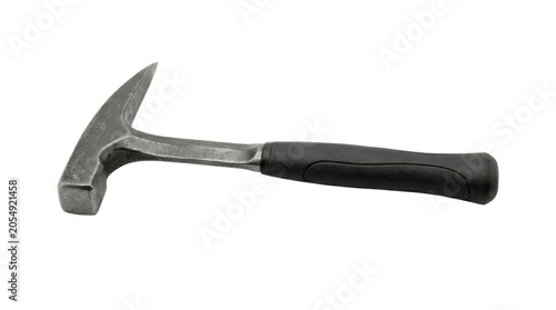 A geological rock hammer with a pointed pick end and a black rubberized grip handle, isolated on a plain white background, for studio display