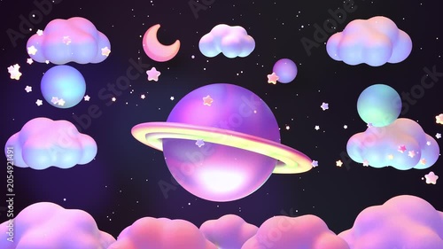 Glossy planet rotating in the dark sky, surrounded by stars and clouds animation. (loop)