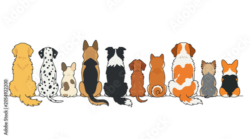 Various dog breeds sitting in a row seen from the back