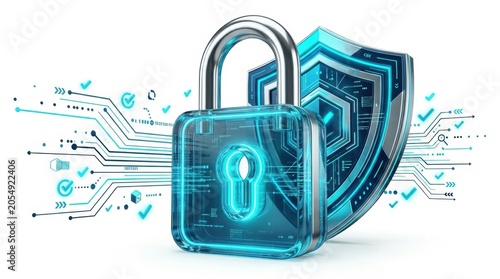 3D digital security concept featuring a glowing padlock icon next to a protective glass shield on top of a circuit board background, representing cyber safety and data firewall.