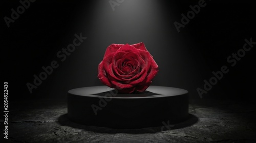 Elegant red rose with water droplets on black podium under spotlight